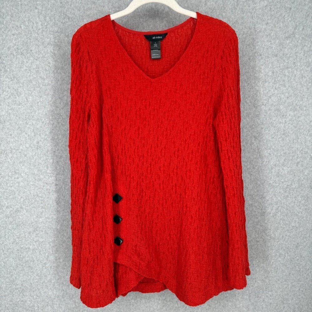 Ali Miles Womens Gauze Tunic Top Size S Burnt Orange Art to Wear Roll Tab Button